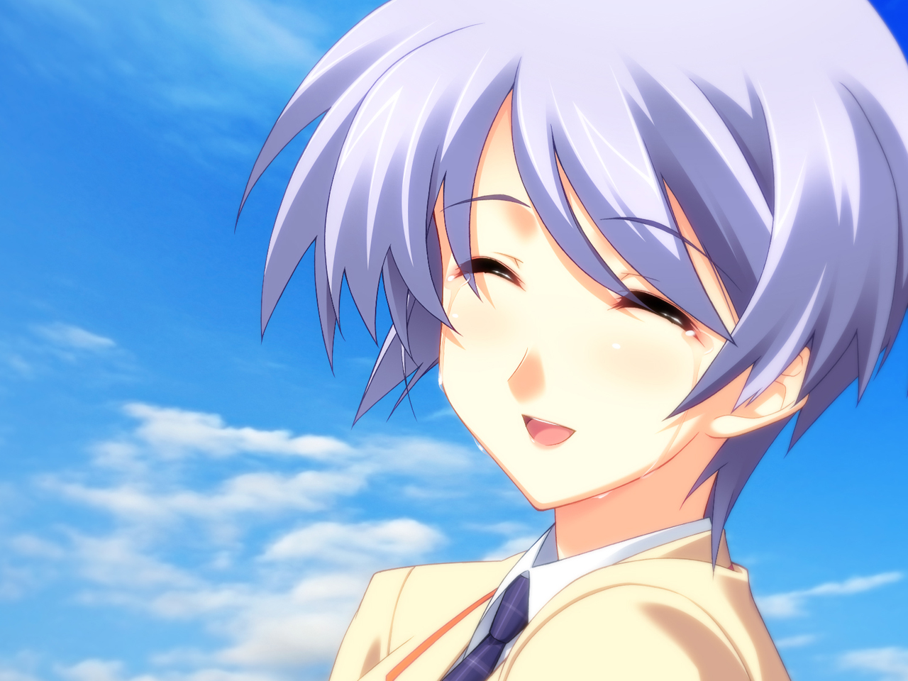 matsuo yukihiro, kishimoto ayase, 5pb., chaos;head, science adventure, game cg, 00s, 1girl, androgynous, blue hair, close-up, closed eyes, cloud, day, female focus, happy, necktie, purple hair, school uniform, short hair, sky, smile, solo, tears