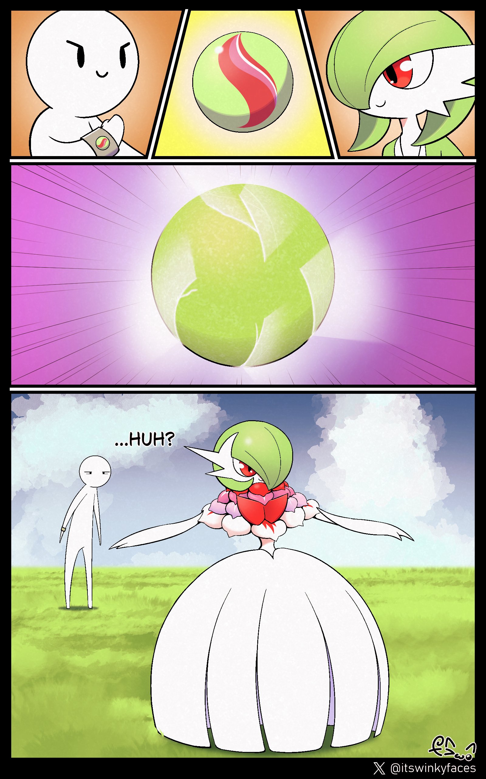 winkyfaces, gardevoir, mega gardevoir, nintendo, pokemon, absurdres, highres, artist name, blue sky, bob cut, cloud, colored skin, dress, emphasis lines, gen 3 pokemon, grass, green hair, mega evolution, mega pokemon, mega stone, outdoors, pokemon (creature), red eyes, signature, sky, smile, white dress, white skin