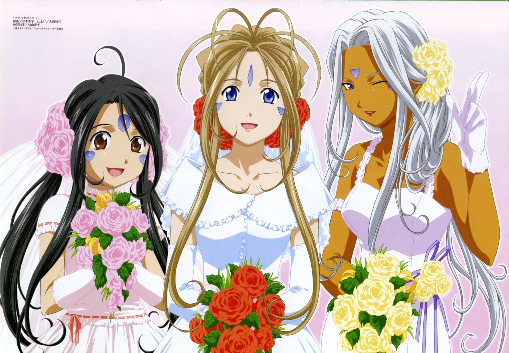 sugimoto sachiko, belldandy, skuld (aa megami-sama), urd (aa megami-sama), aa megami-sama, olm (studio), highres, non-web source, official art, scan, 3girls, :d, ahoge, antenna hair, arm garter, black hair, blue eyes, bouquet, bridal veil, bride, brown eyes, brown hair, choker, collarbone, dark-skinned female, dark skin, dress, elbow gloves, facial mark, flower, forehead mark, gloves, hair flower, hair ornament, lineup, lipstick, long hair, makeup, multiple girls, one eye closed, open mouth, pointing, purple eyes, red eyes, rose, siblings, simple background, sisters, smile, take your pick, veil, very long hair, wedding dress, white hair, wink
