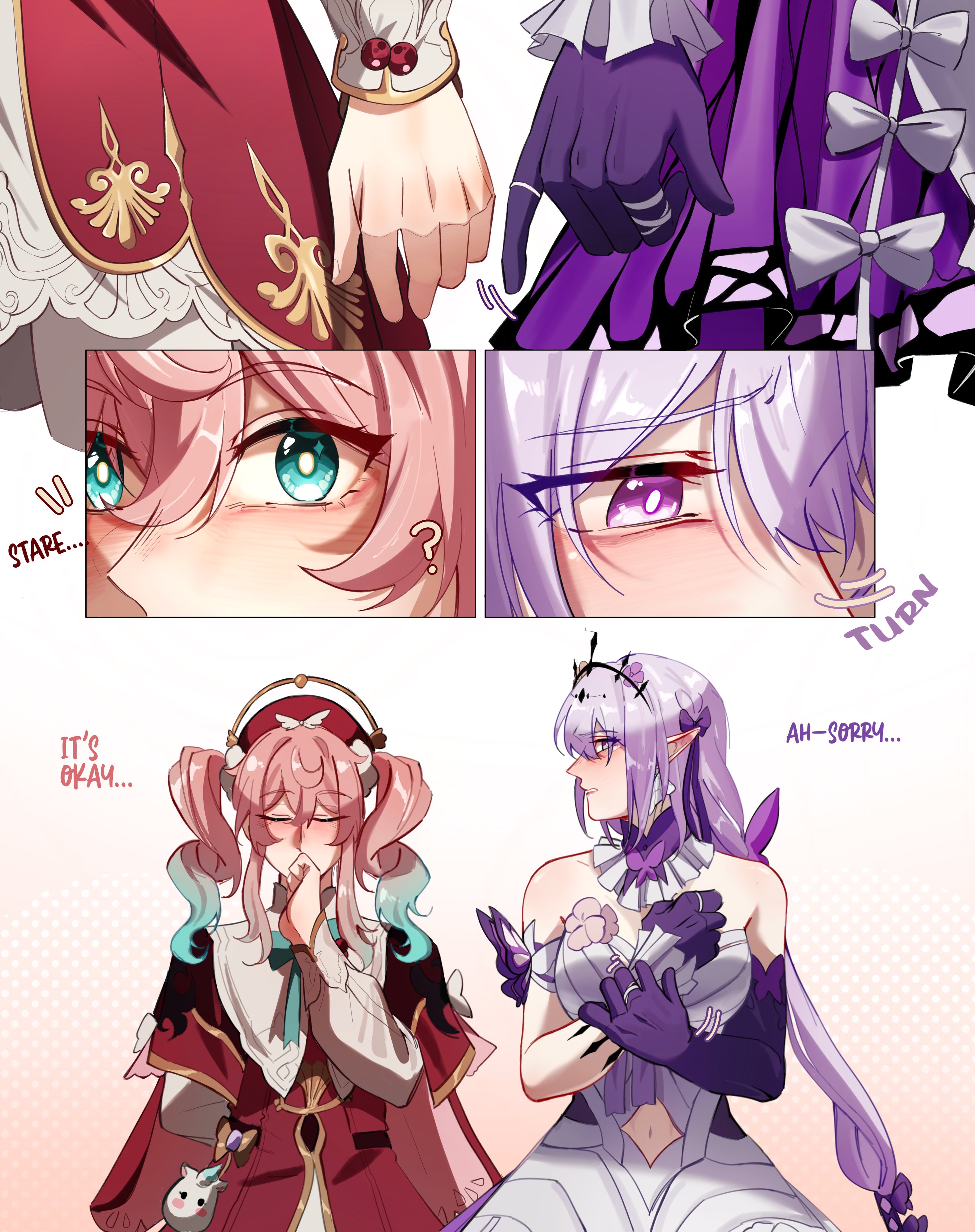 bl00dylime, castorice (honkai: star rail), hyacine (honkai: star rail), honkai: star rail, honkai (series), absurdres, highres, 2girls, ?, aqua eyes, aqua hair, bright pupils, closed eyes, clothing cutout, collar, detached collar, dress, frilled collar, frills, gloves, gradient hair, hat, long hair, long sleeves, multicolored hair, multiple girls, navel, navel cutout, pink hair, purple gloves, purple hair, red dress, red hat, strapless, strapless dress, upper body, white dress, white pupils