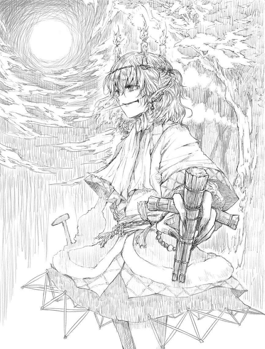 shippori, shishou, mizuhashi parsee, touhou, 1girl, candle, doll, female focus, greyscale, monochrome, moon, nature, outdoors, plant, scarf, skirt, sky, solo, stake, straw doll, ushi no koku mairi