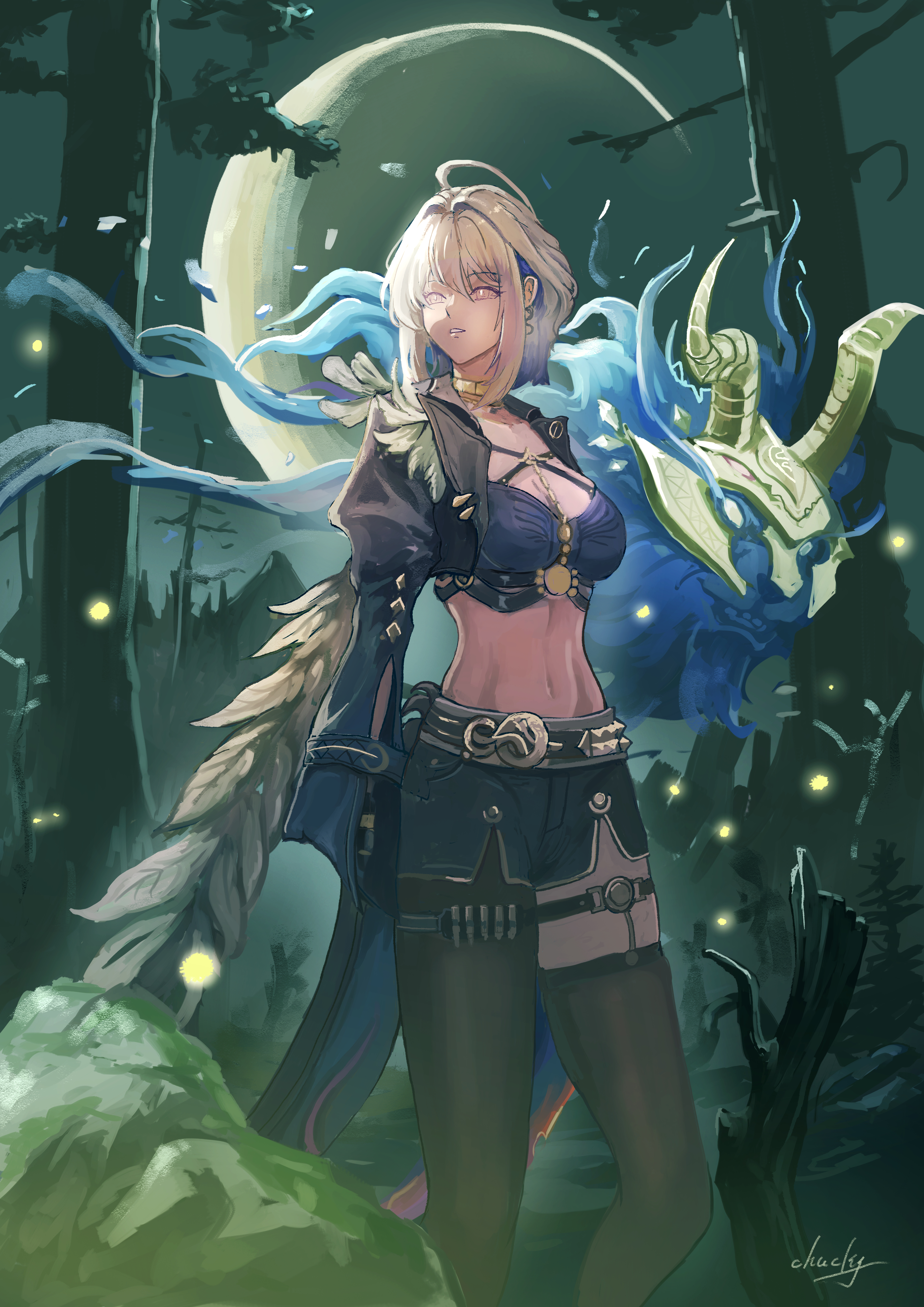 chucky (chucky1000sun), galbrena (wuthering waves), wuthering waves, absurdres, commentary request, highres, 1girl, ahoge, black jacket, black pantyhose, black shorts, black thighhighs, blue bra, bra, chimera (wuthering waves), crescent moon, cropped jacket, earrings, grey hair, hair intakes, jacket, jewelry, medium hair, moon, navel, outdoors, pantyhose, parted lips, purple eyes, shorts, sidelocks, signature, single leg pantyhose, single thighhigh, stomach, tacet discord (wuthering waves), thighhighs, underwear