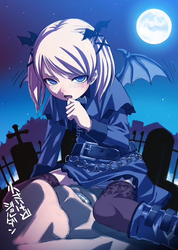tasaka shinnosuke, casper (deathsmiles), cave (developer), deathsmiles, 1girl, bat wings, belt, blonde hair, blue eyes, blush, fang, female focus, full moon, grave, graveyard, hair ribbon, moon, night, night sky, panties, pantyshot, ribbon, short twintails, sitting, skirt, sky, solo, solo focus, spread legs, striped clothes, striped panties, thighhighs, twintails, underwear, upskirt, wings