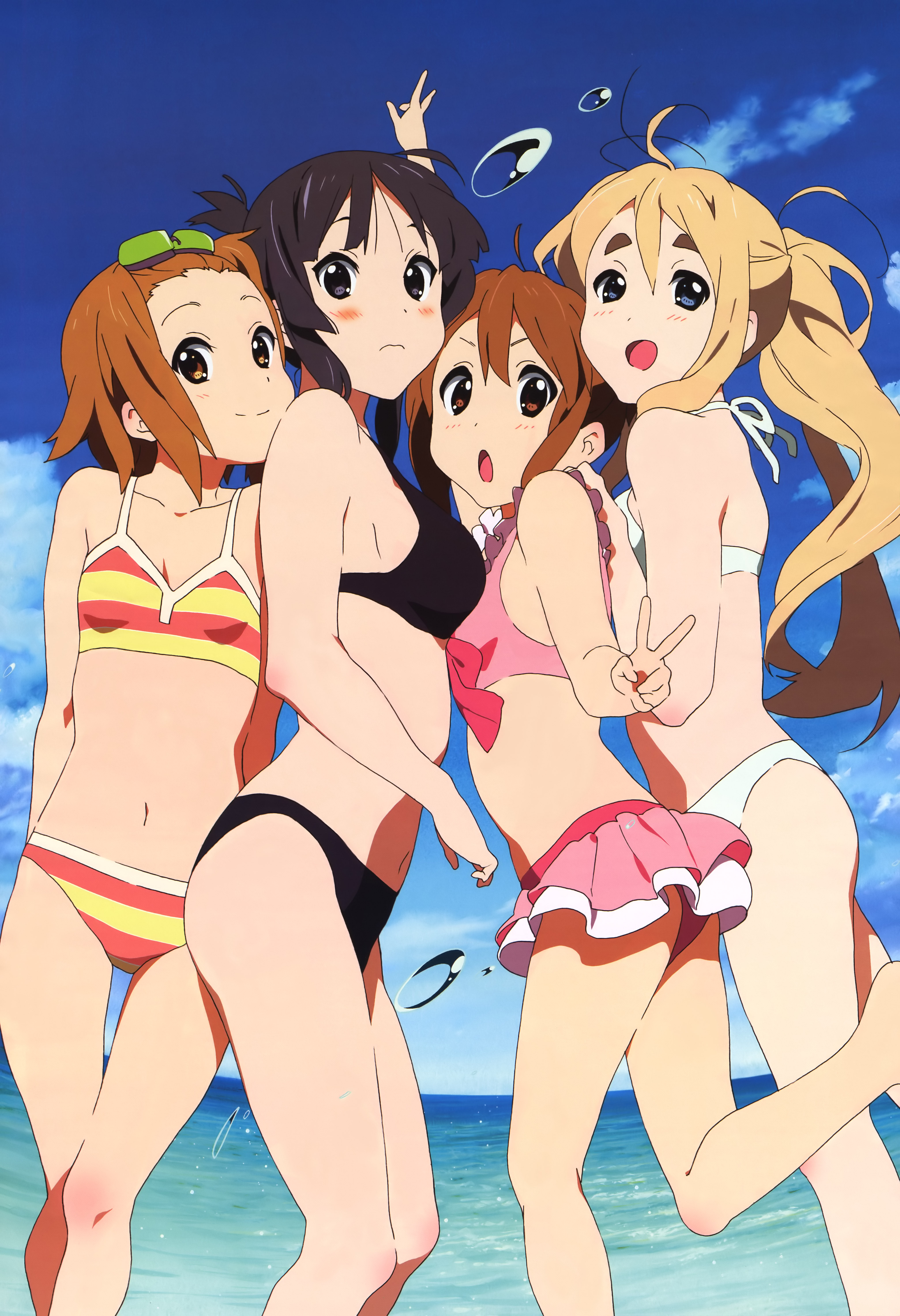 horiguchi yukiko, akiyama mio, hirasawa yui, kotobuki tsumugi, tainaka ritsu, k-on!, nyantype, eyebrows, absurdres, highres, official art, scan, 00s, 4girls, barefoot, beach, bikini, black bikini, black eyes, black hair, blonde hair, blue eyes, blush, breast press, breasts, brown eyes, brown hair, day, ho-kago tea time, long hair, medium breasts, multiple girls, navel, open mouth, outdoors, short hair, small breasts, smile, striped bikini, striped clothes, swimsuit, symmetrical docking, tomboy, v, water, white bikini