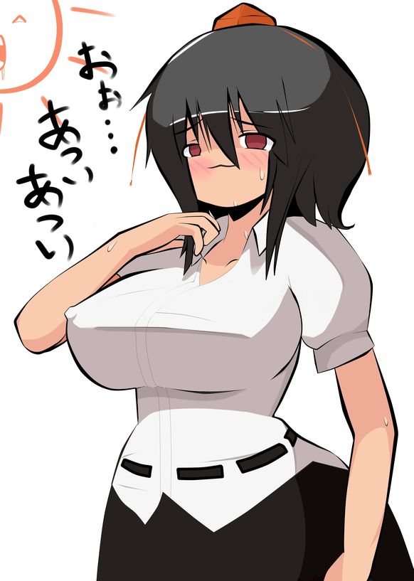 shameimaru aya, touhou, translated, 1girl, :3, blush, breasts, female focus, hat, large breasts, looking at viewer, red hat, solo, sweat, yukkuri shiteitte ne