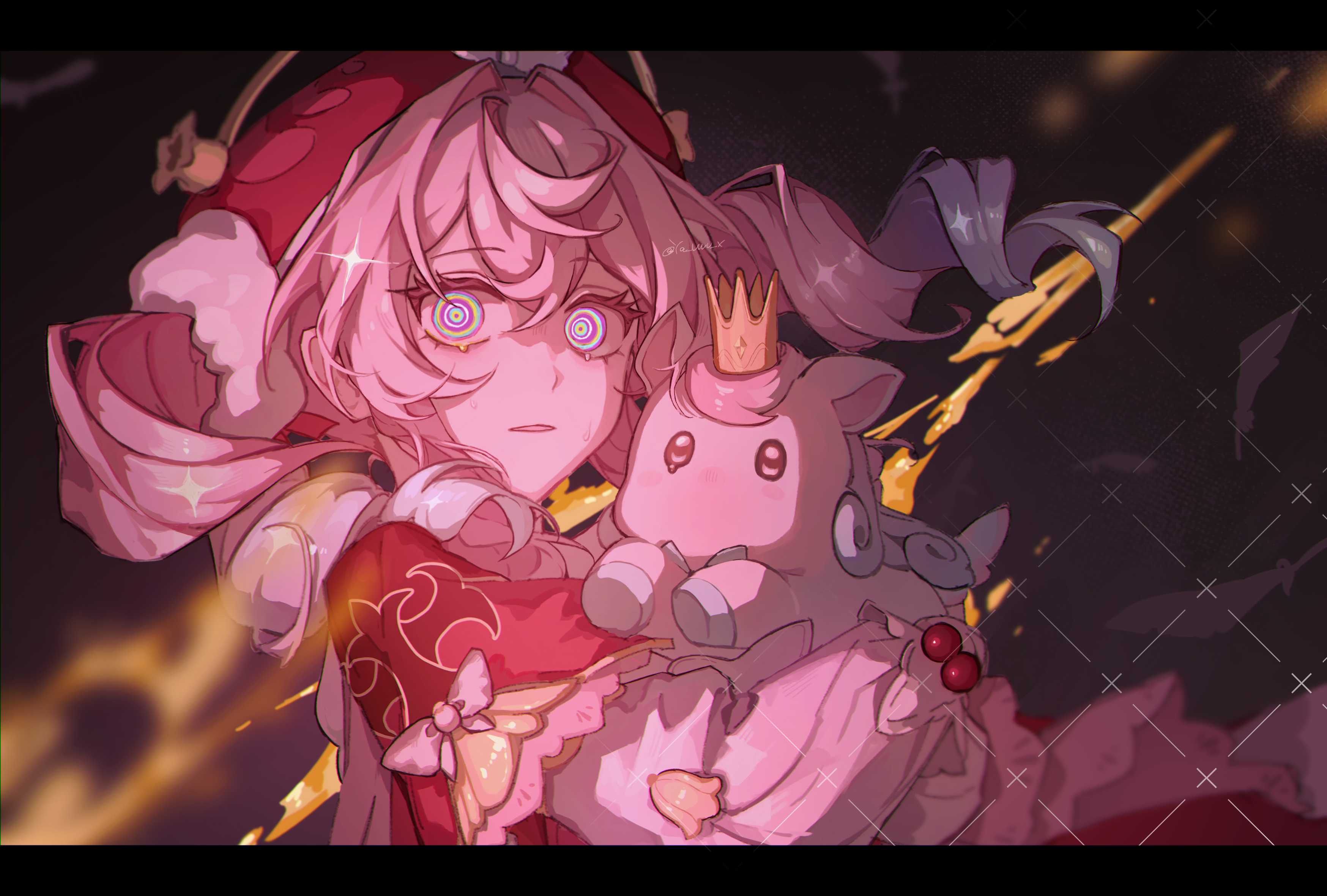 hyacine (honkai: star rail), little ica (honkai: star rail), honkai: star rail, honkai (series), absurdres, highres, 1girl, aqua eyes, aquila (honkai: star rail), capelet, crazy eyes, creature, crown, drill hair, eyelashes, hair intakes, hat, holding, holding creature, looking at viewer, medium hair, mini crown, multicolored eyes, parted lips, pink hair, purple eyes, red capelet, red hat, ringed eyes, scared, shirt, solo, sparkle, sweat, twin drills, twintails, upper body, white shirt, wide-eyed, ya uwu x