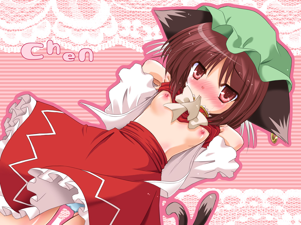 yamu (reverse noise), chen, touhou, 1girl, animal ears, blush, breasts, brown eyes, brown hair, cat ears, cat girl, cat tail, earrings, female focus, hat, jewelry, loli, mouth hold, multiple tails, panties, pantyshot, small breasts, solo, tail, underwear