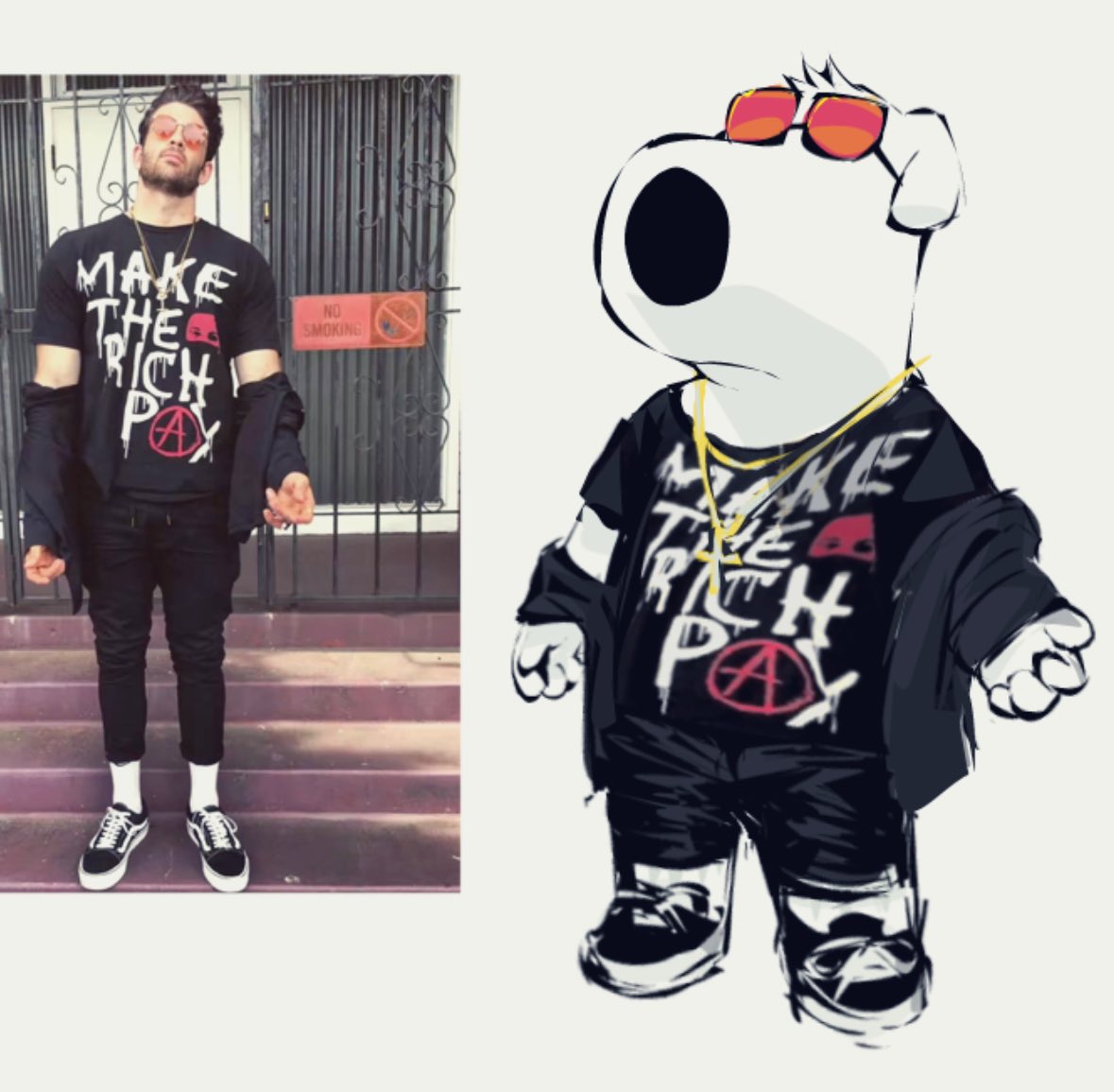brian griffin, family guy, real life, photo-referenced, anarchy symbol, animal ears, black jacket, closed mouth, cross, cross necklace, dog boy, dog ears, english text, full body, hasan piker, ieatedyuripizza, jacket, jewelry, necklace, off shoulder, orange-tinted eyewear, print shirt, reference inset, shirt, shoes, simple background, sneakers, standing, sunglasses, tinted eyewear, white background, white fur