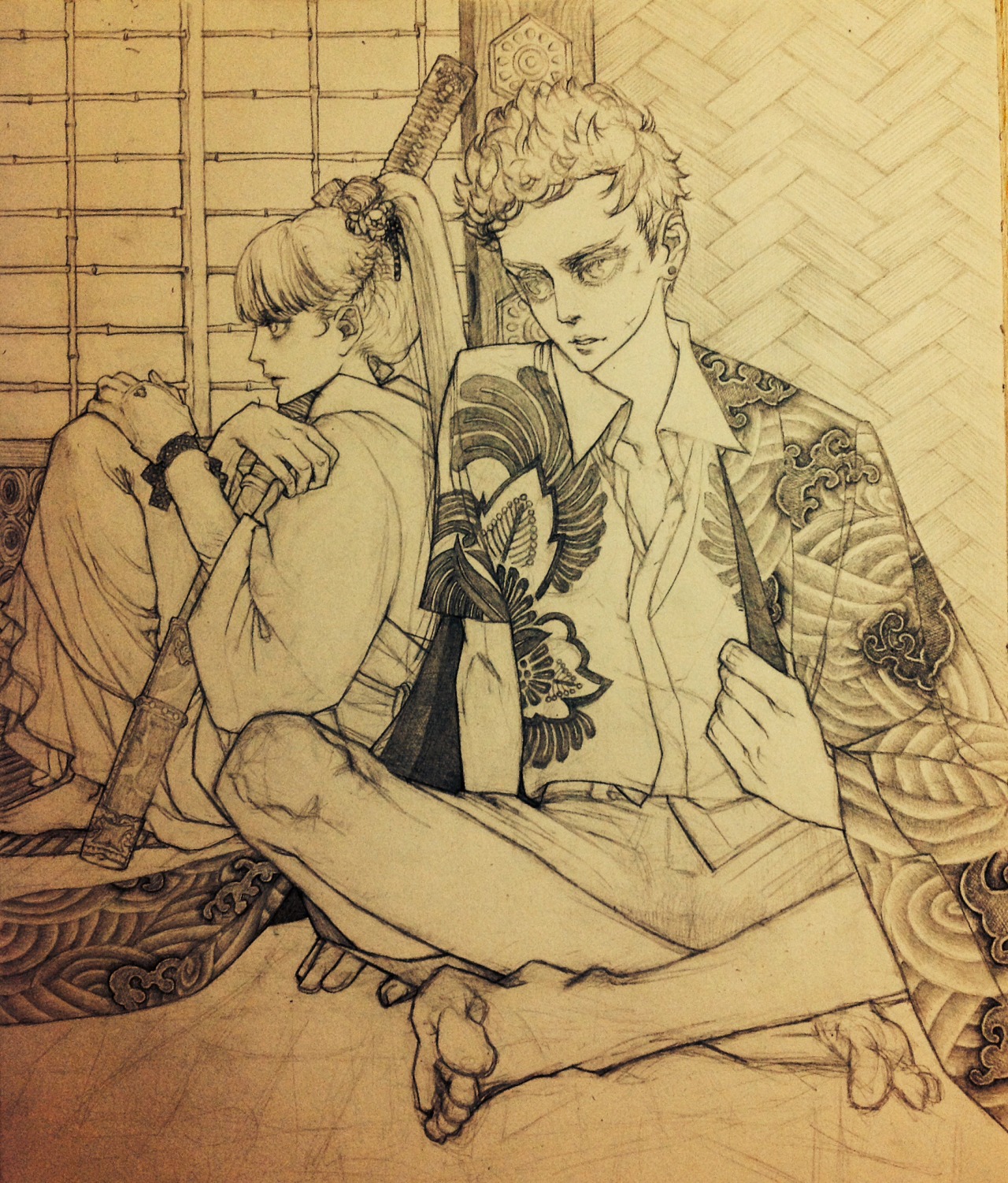 tutugui, donquixote doflamingo, one piece, highres, traditional media, 1boy, 1girl, barefoot, blonde hair, collared shirt, crossed legs, delinquent, earrings, english text, floral print, flower, hair flower, hair ornament, holding, holding sword, holding weapon, indoors, japanese clothes, jewelry, kimono, long hair, looking at another, monochrome, oc x canon, ponytail, print kimono, profile, shirt, short hair, shorts, sitting, sword, weapon, white kimono, white shirt, wooden sword