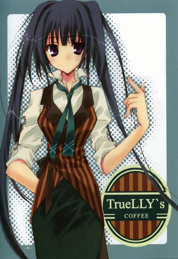 nanase aoi, uniform, non-web source, black hair, long hair, necktie, purple eyes, solo, square-end necktie, twintails, waitress