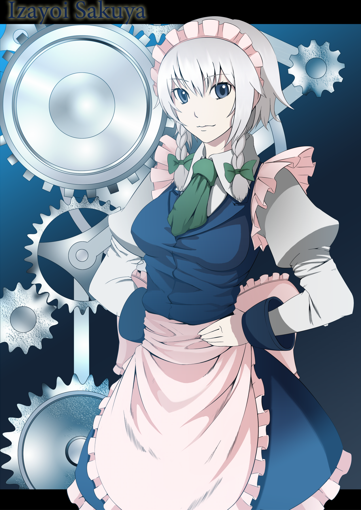 torio k, torizousui, izayoi sakuya, touhou, silver hair, bad id, bad pixiv id, highres, 1girl, blue eyes, braid, female focus, hairband, short hair, solo, twin braids