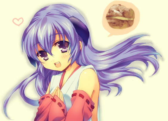 nanato, nanatomi yuki, hanyuu, higurashi no naku koro ni, 00s, blush, bread, cream puff, detached sleeves, food, heart, horns, japanese clothes, long hair, miko, purple eyes, purple hair, solo