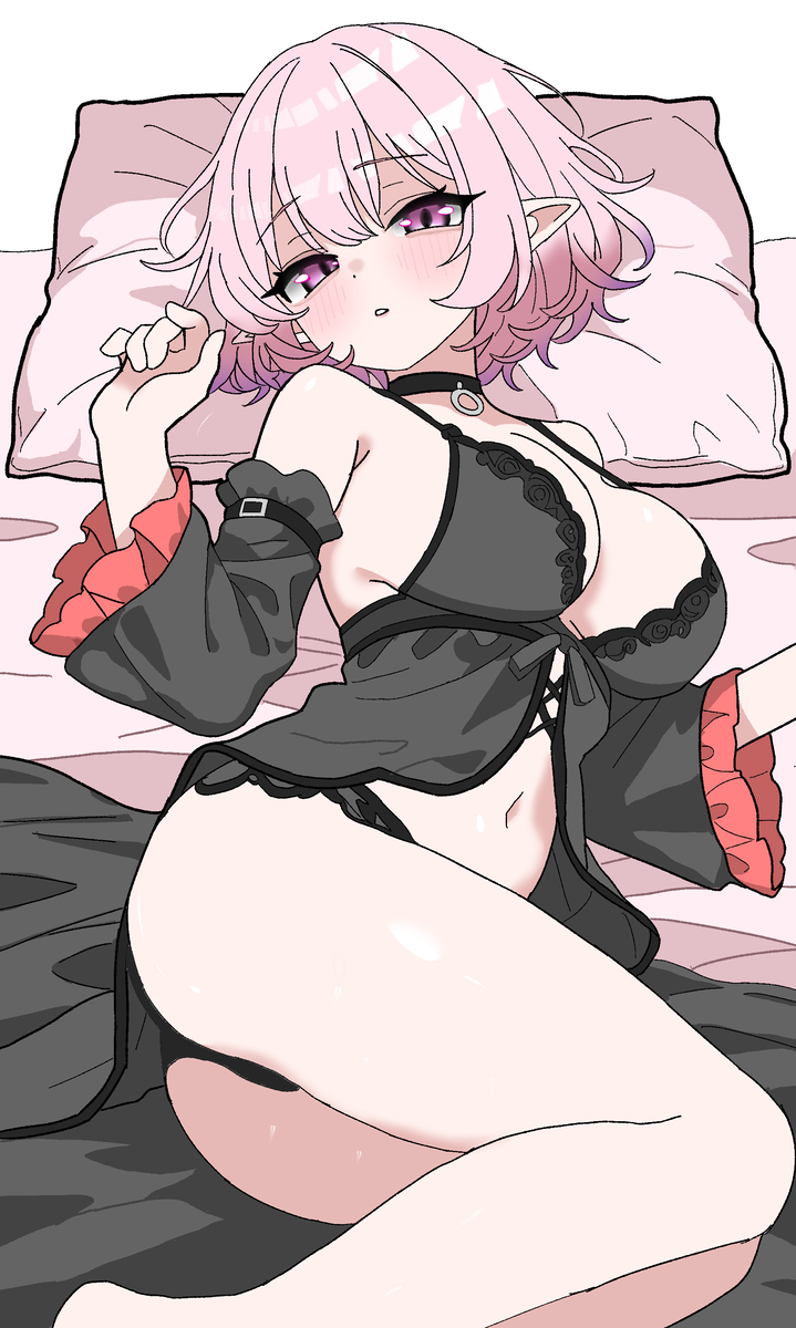 69rev , lucid (maplestory), maplestory, highres, bare legs, barefoot, choker, elf, lingerie, lying, midriff, on back, on bed, pillow, pink eyes, pink hair, pointy ears, underwear