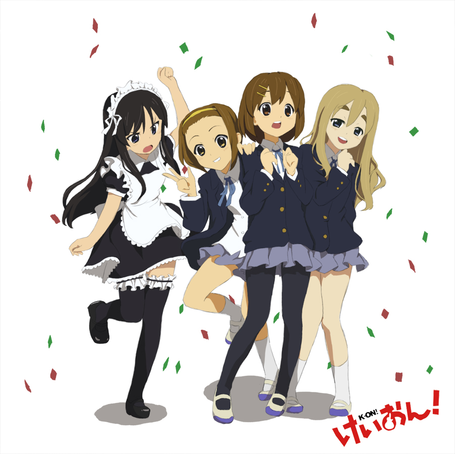 ww90055, akiyama mio, hirasawa yui, kotobuki tsumugi, tainaka ritsu, k-on!, frilled legwear, bad id, bad pixiv id, 00s, 4girls, alternate costume, black eyes, black hair, blonde hair, brown eyes, brown hair, confetti, enmaided, ho-kago tea time, long hair, maid, maid headdress, mary janes, multiple girls, pantyhose, school uniform, shoes, short hair, thighhighs