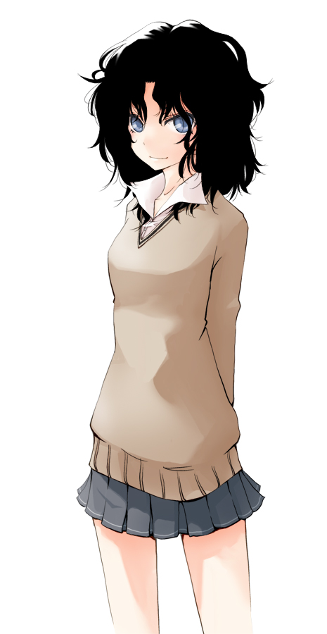 ushi (ushi manji), tanamachi kaoru, amagami, arms behind back, black hair, blue eyes, collared shirt, messy hair, school uniform, shirt, solo, sweater