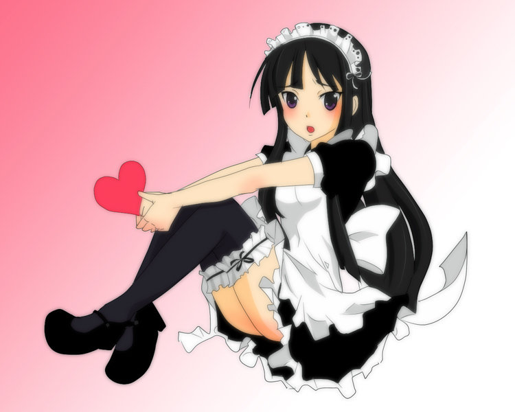 kei (redblack), akiyama mio, k-on!, bad id, bad pixiv id, 00s, 1girl, :o, alternate costume, apron, black hair, black thighhighs, blunt bangs, blush, dress, enmaided, female focus, frilled thighhighs, frills, full body, gradient background, hair ornament, heart, hime cut, legs, long hair, maid, maid apron, maid headdress, moe moe kyun!, open mouth, purple eyes, ribbon, shoes, short dress, sidelocks, simple background, sitting, solo, thighhighs, zettai ryouiki