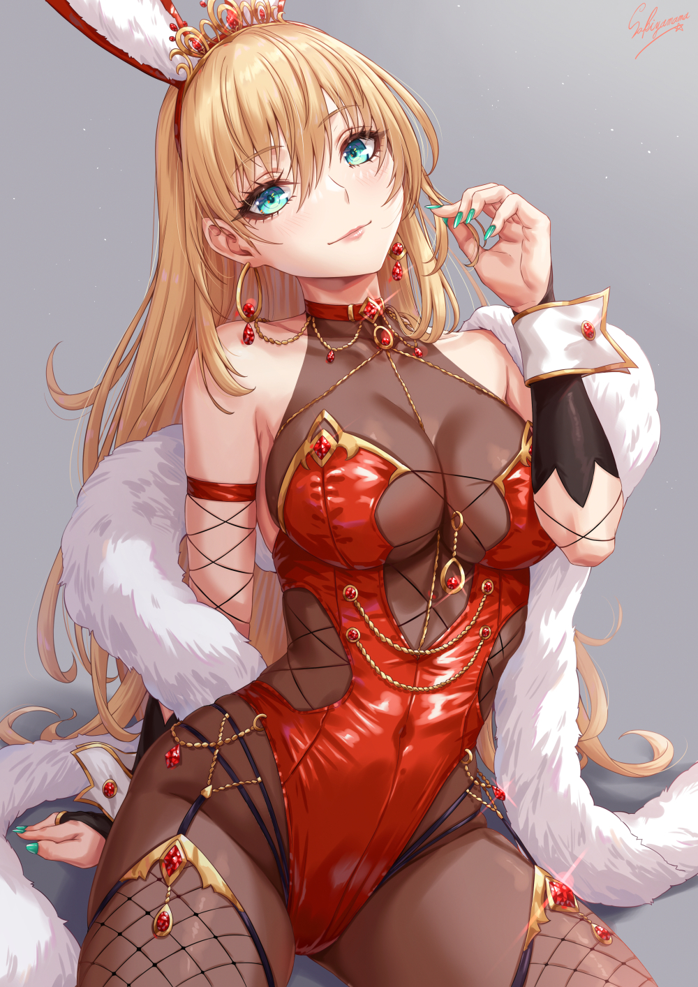 sakiyamama, original, commentary request, highres, 1girl, animal ears, aqua eyes, artist name, bare shoulders, blonde hair, bodysuit, breasts, bridal gauntlets, brown bodysuit, closed mouth, earrings, fake animal ears, feather boa, green nails, grey background, hair ornament, hairband, hand up, highleg, highleg leotard, jewelry, large breasts, leotard, long hair, looking at viewer, nail polish, playboy bunny, rabbit ears, red hairband, red leotard, simple background, smile, solo