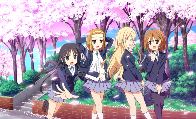 uehara yukihiko, akiyama mio, hirasawa yui, kotobuki tsumugi, tainaka ritsu, k-on!, bad id, bad pixiv id, 00s, 4girls, black eyes, black hair, blonde hair, bored, brown eyes, brown hair, cherry blossoms, day, ho-kago tea time, long hair, multiple girls, outdoors, pantyhose, school uniform, short hair, tomboy, tree, walking