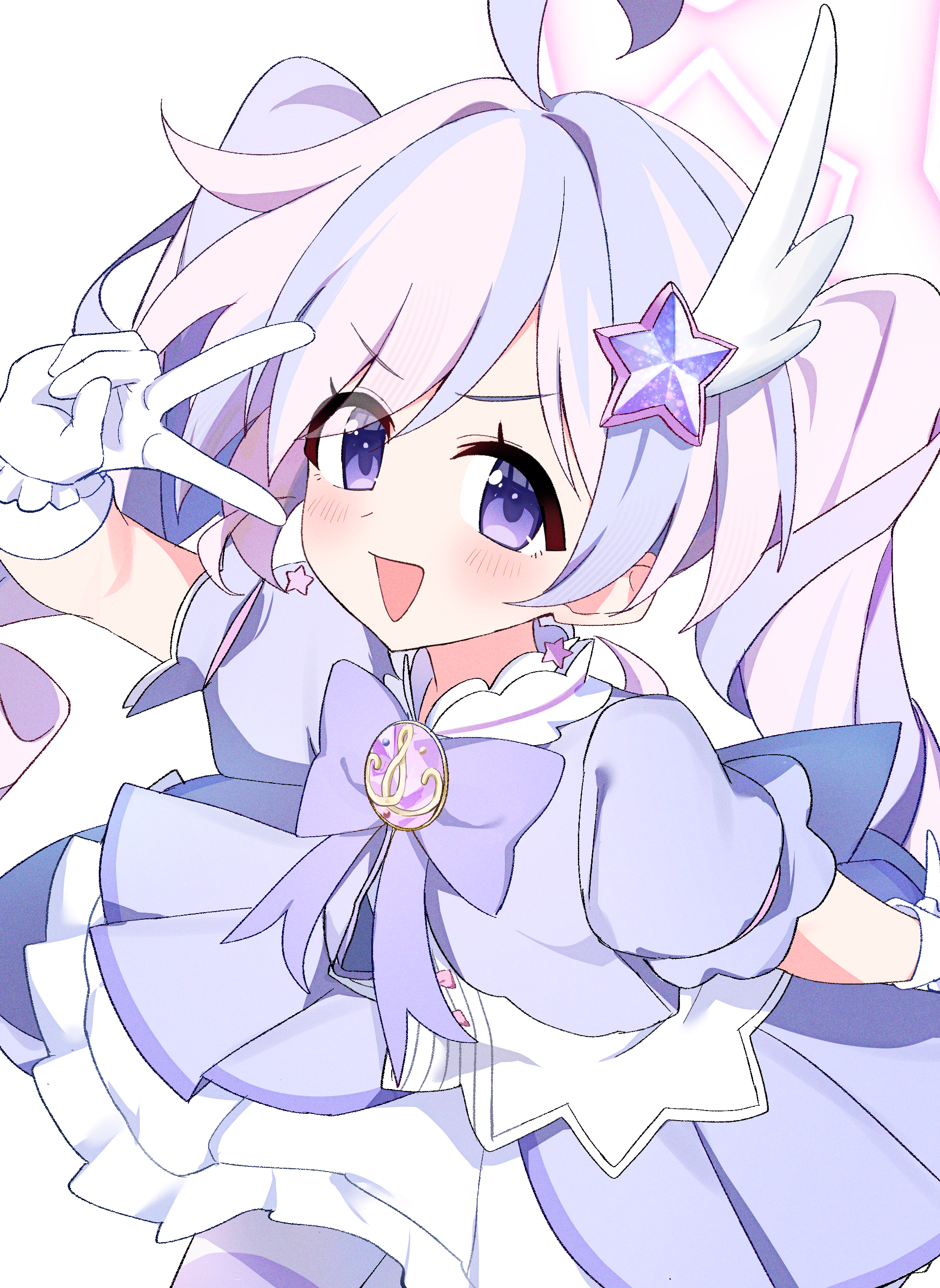koroyarou, reisa (blue archive), reisa (magical) (blue archive), blue archive, absurdres, highres, 1girl, ahoge, gloves, hair ornament, multicolored hair, official alternate costume, open mouth, purple eyes, solo, star (symbol), star hair ornament, twintails, white background, white gloves
