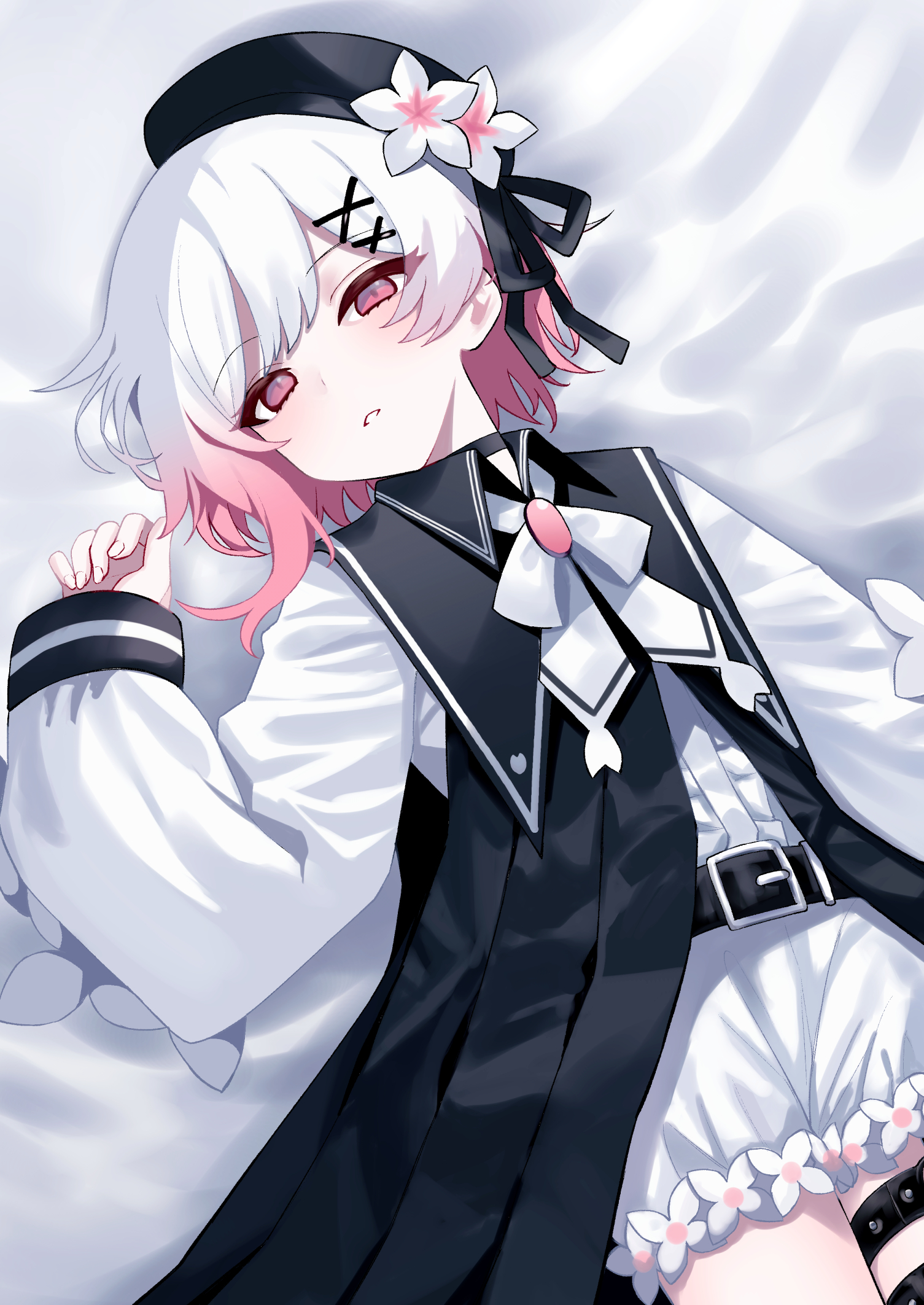 odaneru apart, sakuraba ema, mahou shoujo no majo saiban, highres, belt, black belt, flower, hair ornament, hat, multicolored hair, pink eyes, pink hair, shirt, solo, white hair, white shirt