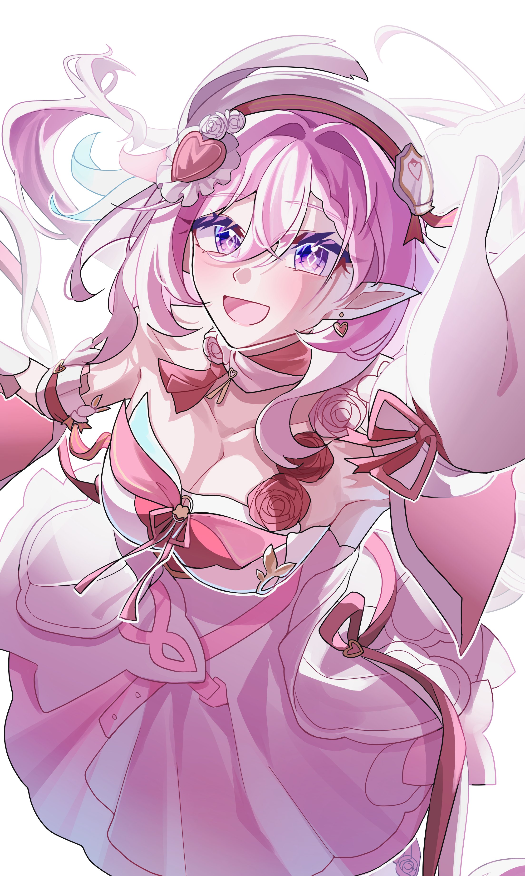 s9897907160915, elysia (hi love elf) (honkai impact), elysia (honkai impact), honkai (series), honkai impact 3rd, absurdres, hashtag-only commentary, highres, 1girl, beret, breasts, cleavage, diamond-shaped pupils, diamond (shape), dress, earrings, elf, hat, heart, heart earrings, jewelry, large breasts, long hair, multicolored hair, open mouth, pink dress, pink hair, pointy ears, purple eyes, simple background, smile, solo, symbol-shaped pupils, two-tone hair, very long hair, white background, white hair