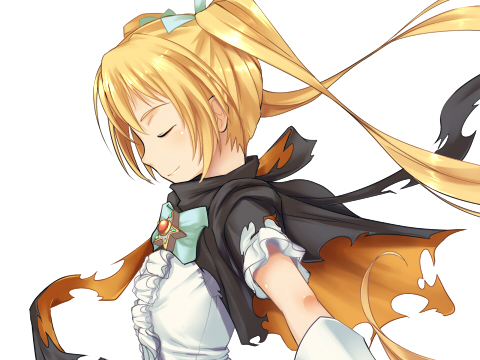 painpa, mira (sumaga), sumaga, lowres, 1girl, blonde hair, bow, bowtie, brooch, cape, female focus, frills, from side, gem, jewelry, long hair, profile, simple background, smile, solo, twintails, very long hair, white background