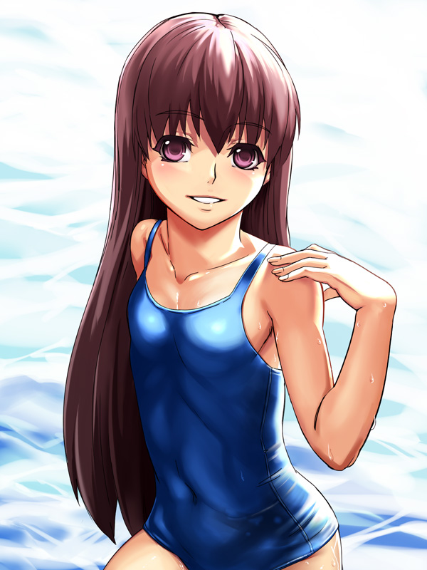 nyamota, original, bad id, bad pixiv id, 1girl, brown hair, female focus, flat chest, long hair, one-piece swimsuit, red eyes, school swimsuit, solo, swimsuit, water