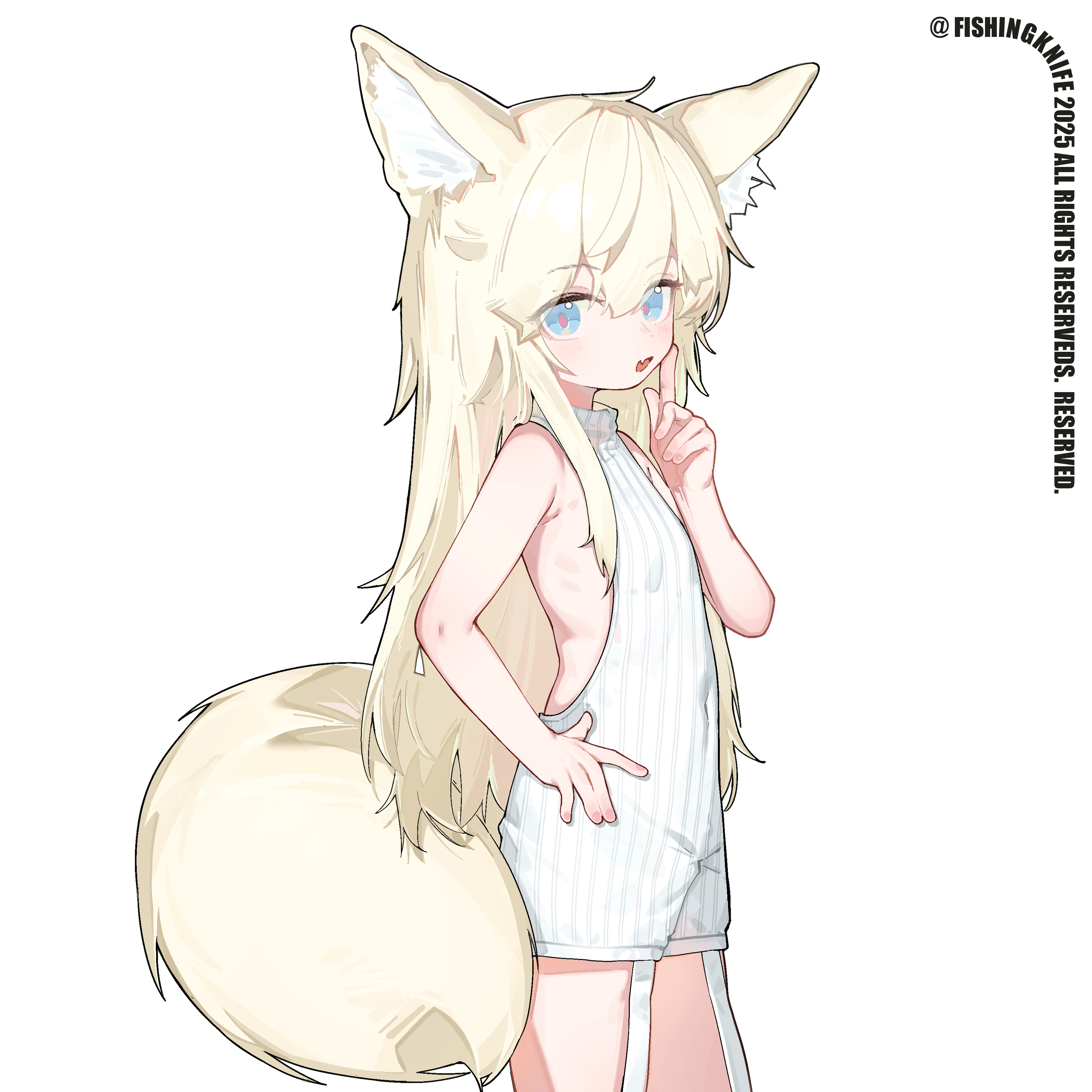 dorgar, original, absurdres, highres, 1girl, animal ears, blonde hair, blue eyes, fox ears, fox girl, fox tail, long hair, simple background, solo, tail, white background