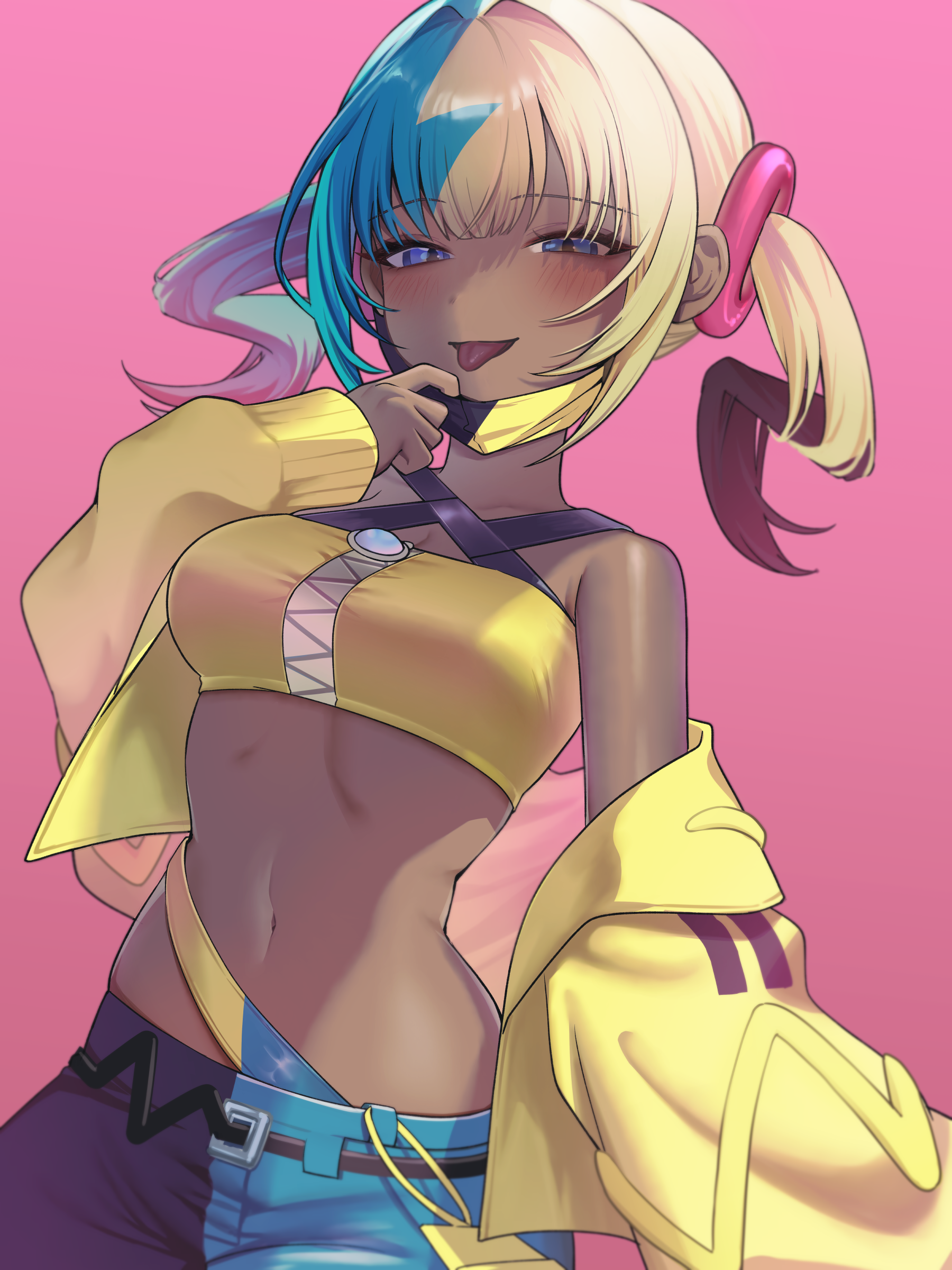 yunnasu, canari (pokemon), nintendo, pokemon, pokemon legends: z-a, absurdres, highres, 1girl, blonde hair, blue eyes, breasts, dark-skinned female, dark skin, jacket, mask, medium breasts, multicolored hair, navel, pink background, solo, tongue, tongue out, twintails, yellow jacket