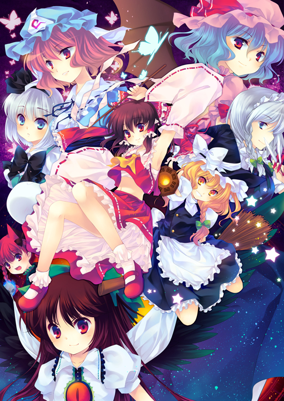 shinia, hakurei reimu, izayoi sakuya, kaenbyou rin, kirisame marisa, konpaku youmu, reiuji utsuho, remilia scarlet, saigyouji yuyuko, touhou, silver hair, 6+girls, animal ears, apron, armpits, black wings, blonde hair, blue eyes, blue hair, bobby socks, bow, bowtie, braid, broom, broom riding, brown hair, bug, butterfly, cape, cat ears, cat girl, colorful, detached sleeves, extra ears, female focus, gohei, grin, hat, knife, legs, long hair, mary janes, mini-hakkero, multiple girls, pink hair, red eyes, shoes, smile, socks, star (symbol), waist apron, wings, witch hat, yellow eyes