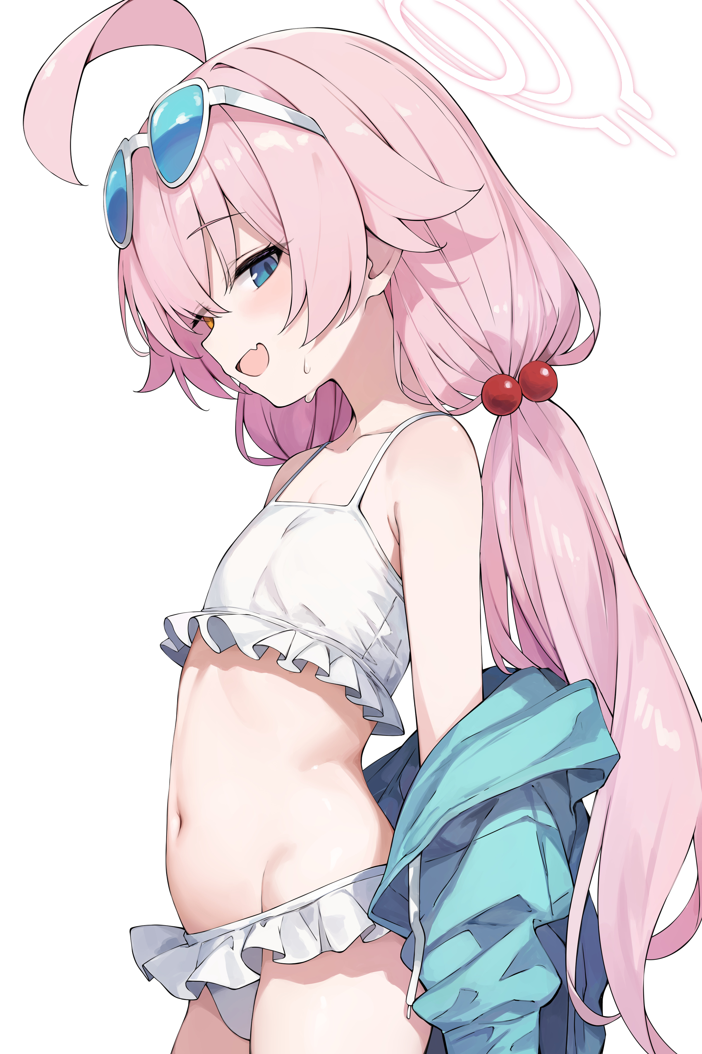 tateishi kureha, hoshino (blue archive), hoshino (swimsuit) (blue archive), blue archive, absurdres, highres, 1girl, ahoge, aqua jacket, bikini, blue eyes, breasts, collarbone, cowboy shot, eyewear on head, frilled bikini, frills, from side, groin, hair flaps, halo, heterochromia, huge ahoge, jacket, light blush, long hair, looking at viewer, low twintails, navel, off shoulder, official alternate costume, official alternate hairstyle, open clothes, open jacket, pink hair, pink halo, sidelocks, simple background, small breasts, solo, standing, sweat, swimsuit, twintails, white background, white bikini