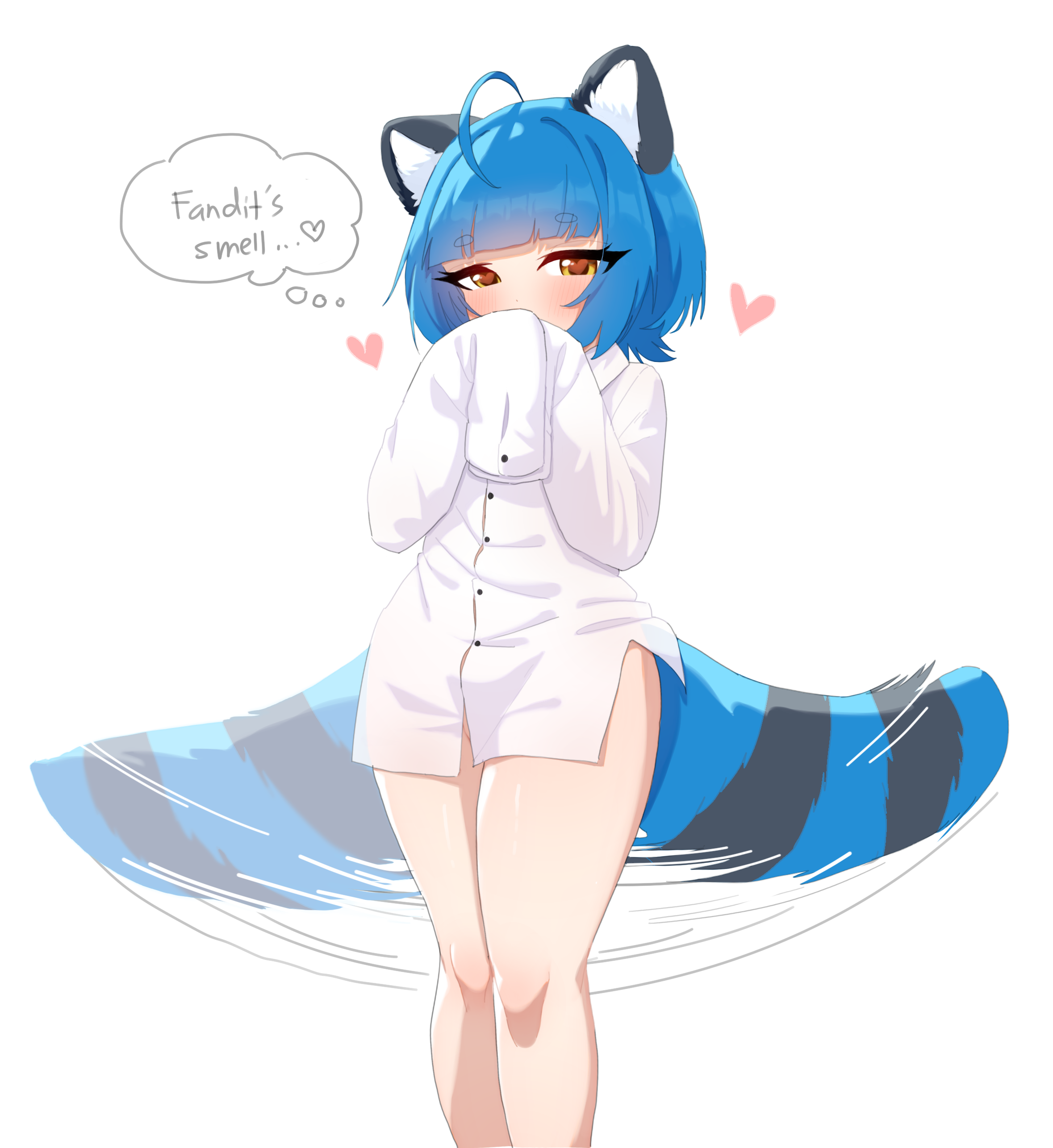 ryoshi, poko rakun, chromashift, absurdres, highres, 1girl, ahoge, animal ears, blue hair, heart, shirt, solo, tail, virtual youtuber