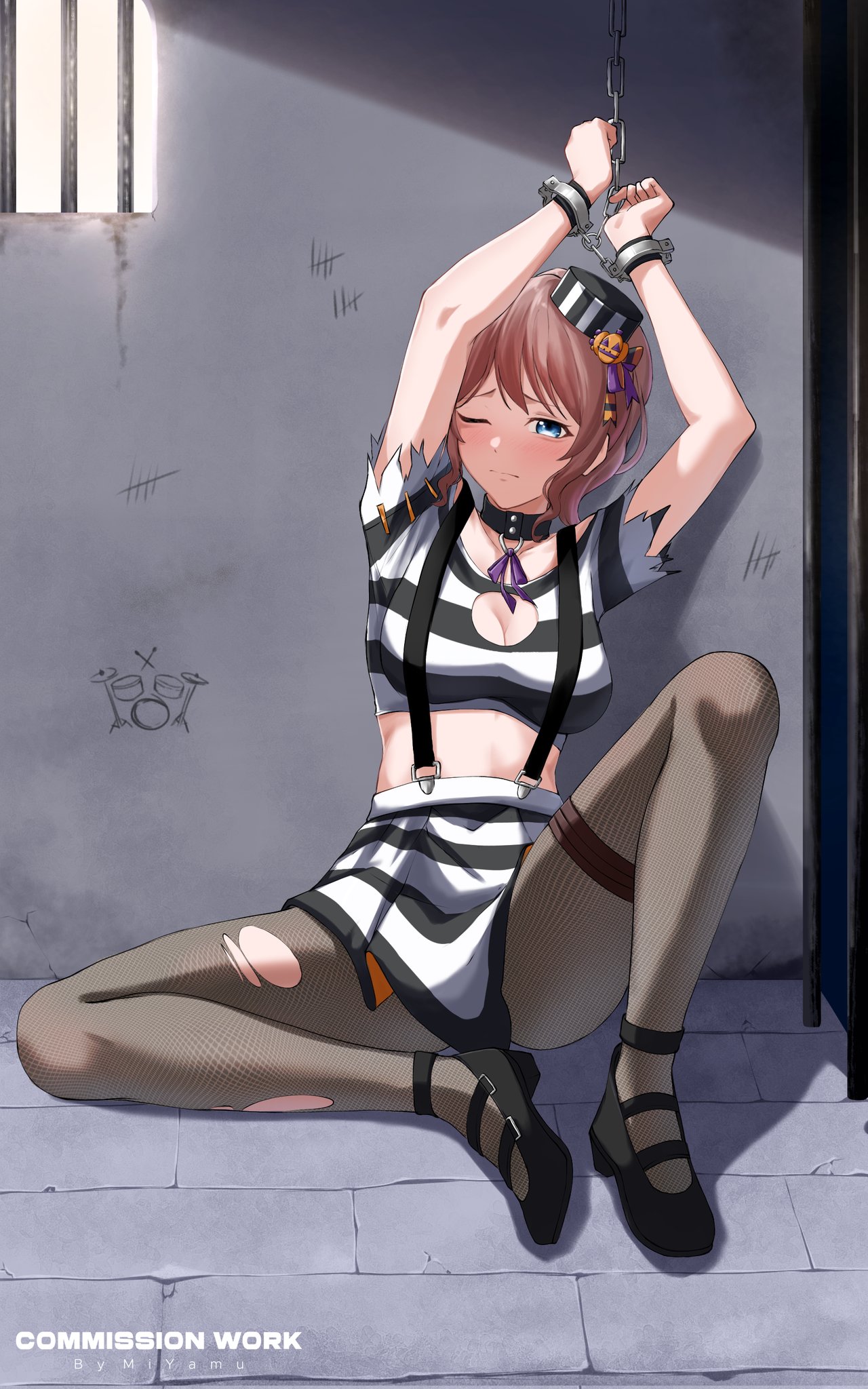 miyamu, yamabuki saya, bang dream!, highres, 1girl, angry, black choker, black pantyhose, black shoes, blue eyes, breasts, choker, cuffs, full body, handcuffs, hat, large breasts, long sleeves, one eye closed, pantyhose, prison, prison clothes, restrained, shirt, shoes, sitting, skirt, solo, striped clothes, striped shirt, striped skirt, tilted headwear, window