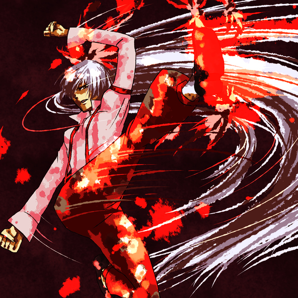 discharge cycle, tobi (discharge cycle), fujiwara no mokou, rugal bernstein, snk, the king of fighters, touhou, silver hair, 1girl, bow, female focus, genocide cutter, hair bow, hair ribbon, kicking, long hair, parody, ribbon, solo