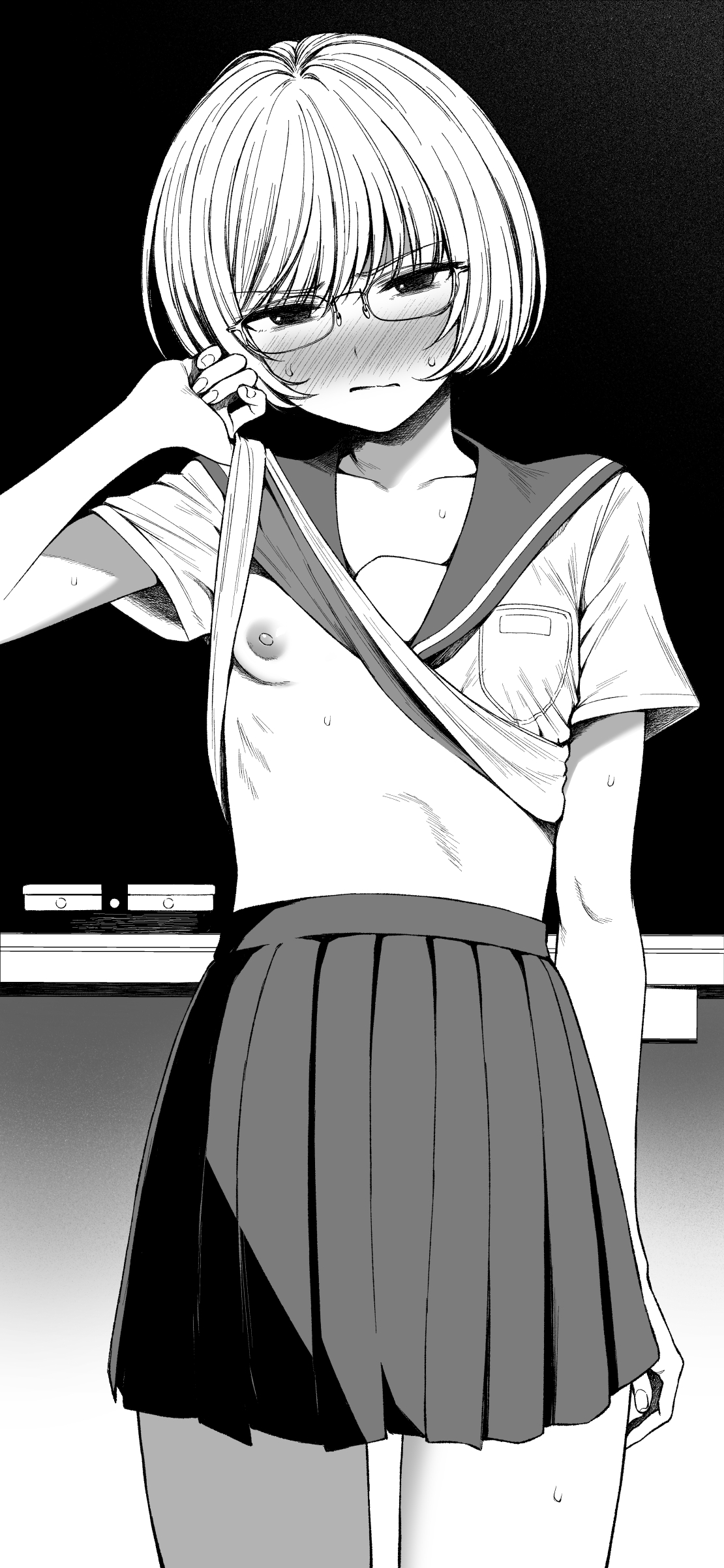 daiji pt, absurdres, commentary, copyright request, highres, paid reward available, 1girl, arm at side, blush, breast pocket, breasts, closed mouth, clothes lift, cowboy shot, embarrassed, flashing, frown, glasses, greyscale, hand up, lifting own clothes, looking at viewer, miniskirt, monochrome, nipples, no bra, pleated skirt, pocket, sailor collar, school uniform, serafuku, shirt lift, short hair, skirt, small breasts, solo, sweat, v-shaped eyebrows