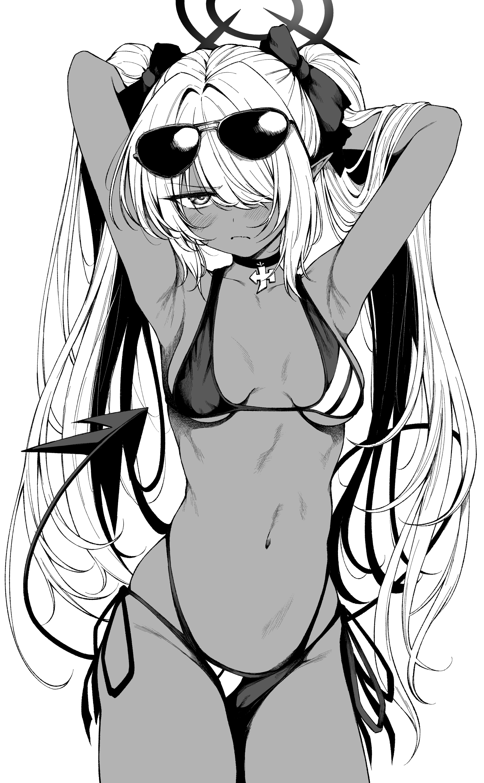 daiji pt, iori (blue archive), iori (swimsuit) (blue archive), blue archive, absurdres, commentary, highres, 1girl, armpits, arms behind head, arms up, bikini, blush, choker, closed mouth, cowboy shot, dark-skinned female, dark skin, demon tail, eyewear on head, frown, greyscale, hair over one eye, halo, long hair, looking at viewer, monochrome, multi-strapped bikini bottom, navel, official alternate costume, one eye covered, pointy ears, side-tie bikini bottom, simple background, solo, stomach, sunglasses, swimsuit, tail, twintails, v-shaped eyebrows, very long hair, white background