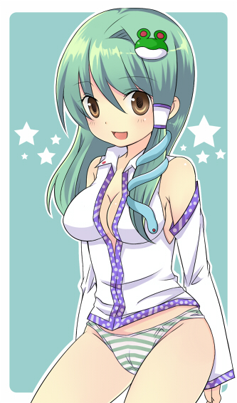 sakeko, kochiya sanae, touhou, 1girl, bare shoulders, bottomless, breasts, cameltoe, cleavage, female focus, frog, green hair, hair ornament, japanese clothes, no pants, open clothes, open shirt, panties, shirt, short hair, simple background, snake, solo, striped clothes, striped panties, underwear, yellow eyes