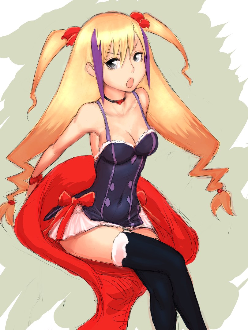 fumio (rsqkr), jacqueline baumgold, dragonaut, jpeg artifacts, 00s, 1girl, :o, bare shoulders, blonde hair, breasts, camisole, chair, choker, cleavage, crossed legs, dress, female focus, grey eyes, long hair, multicolored hair, sitting, solo, thighhighs, twintails, two-tone hair, zettai ryouiki