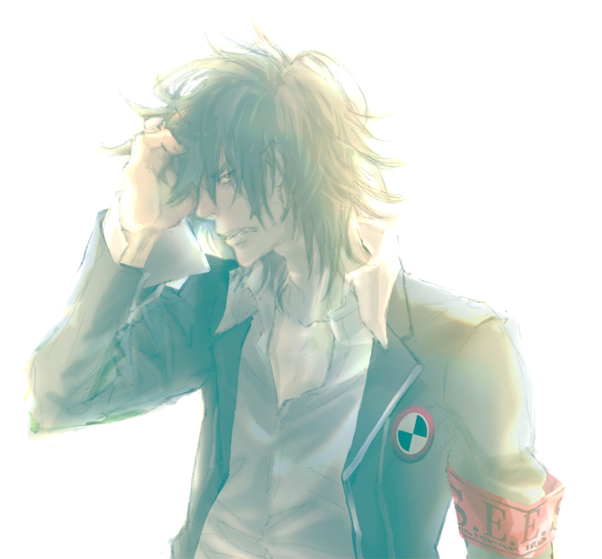 aragaki shinjirou, atlus, persona, persona 3, bad id, bad pixiv id, 1boy, angry, annoyed, backlighting, brown hair, clenched teeth, holding, holding own hair, male focus, no headwear, school uniform, solo, teeth