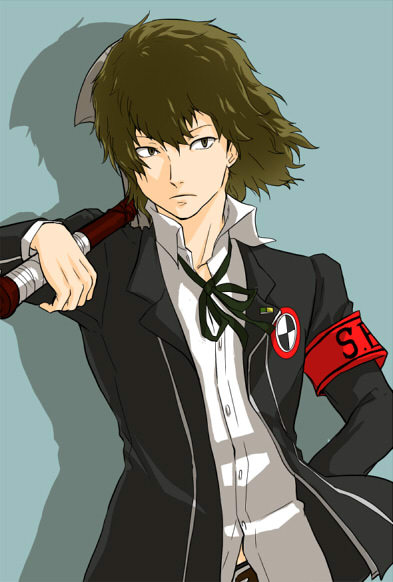 jagaimo (rokke), aragaki shinjirou, atlus, persona, persona 3, bad id, bad pixiv id, 1boy, arm behind back, armband, axe, blouse, blue background, brown hair, collared shirt, frown, male focus, no headwear, school uniform, shirt, simple background, solo, weapon, white shirt