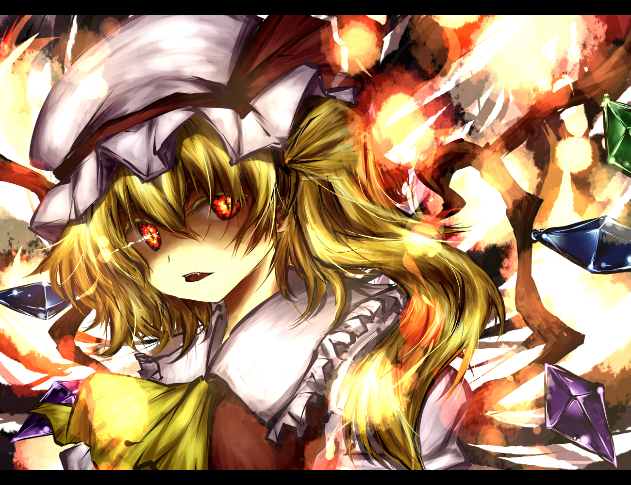 takuan (kyou sonogoro), takuan (pixiv), flandre scarlet, touhou, 1girl, blonde hair, female focus, hat, letterboxed, mob cap, ponytail, red eyes, short hair, side ponytail, solo, white hat, wings