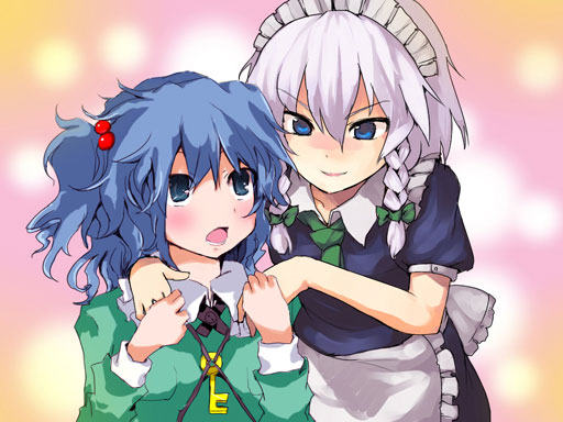 kitsune (kazenouta), matsushita yuu, izayoi sakuya, kawashiro nitori, touhou, 2girls, female focus, hair bobbles, hair ornament, messy hair, multiple girls, two side up