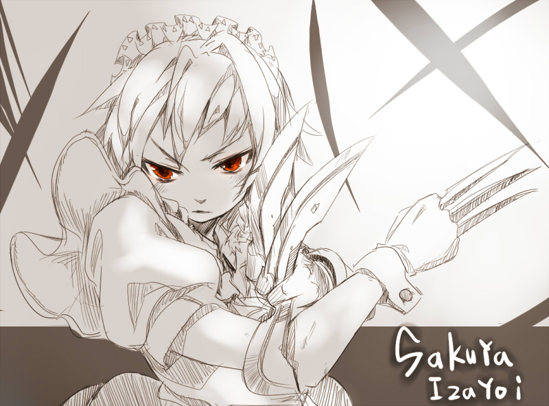shirow (crazy), shirow (pixiv), izayoi sakuya, touhou, bad id, bad pixiv id, 1girl, braid, female focus, hairband, knife, monochrome, red eyes, short hair, solo, spot color, twin braids