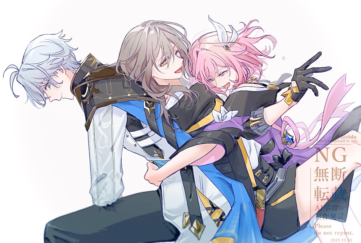 cyrene (honkai: star rail), phainon (honkai: star rail), stelle (honkai: star rail), trailblazer (honkai: star rail), honkai: star rail, honkai (series), commentary request, 1boy, 2girls, ahoge, black coat, black gloves, black pants, black skirt, blue eyes, coat, cyrene (aedes elysiae) (honkai: star rail), gloves, grey hair, hair ornament, hug, miniskirt, multiple girls, pants, pink hair, purple coat, short hair, simple background, skirt, smile, white background, white coat, white hair, yellow eyes, zzz0du