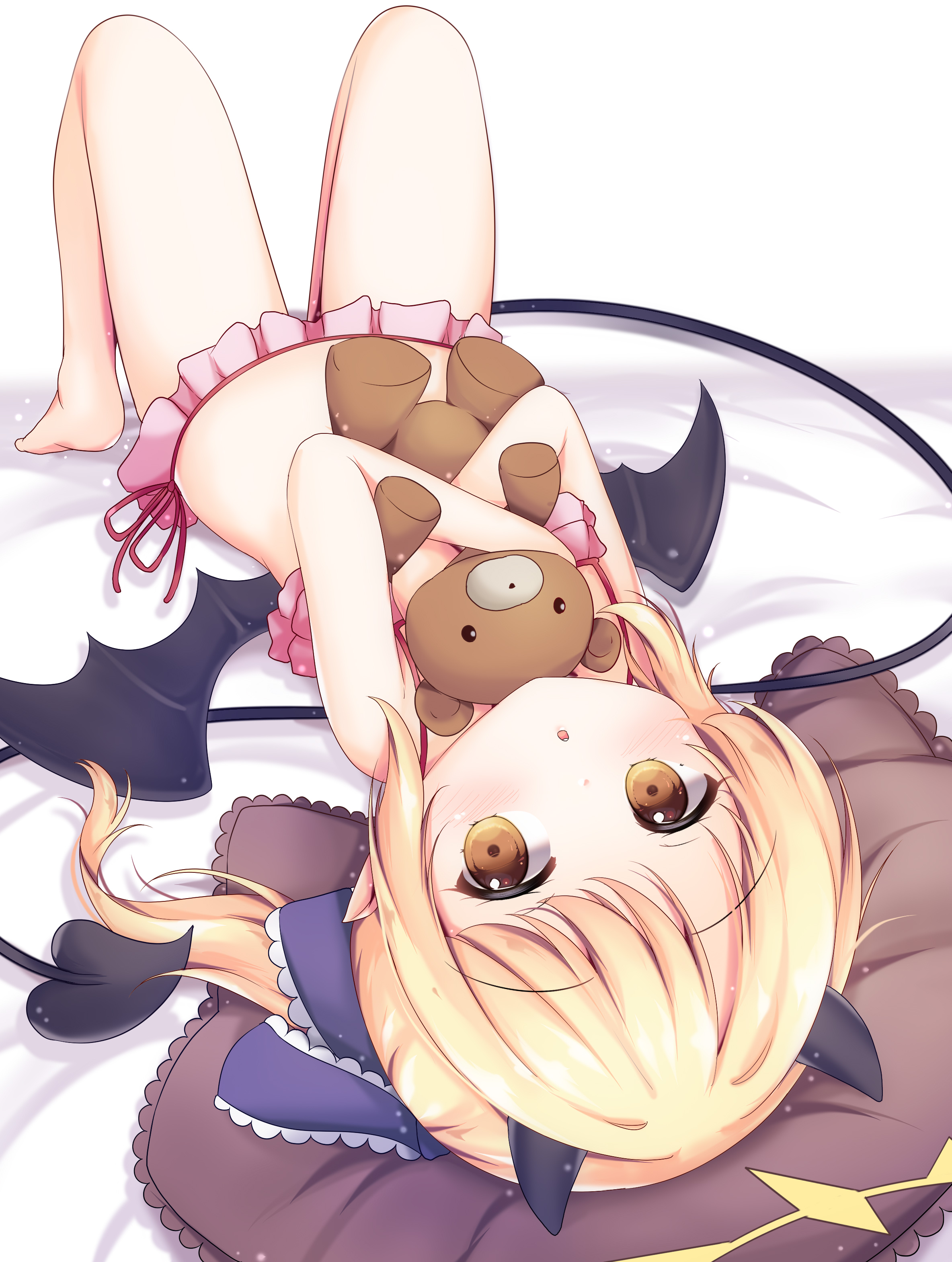 grandapple71, ibuki (blue archive), blue archive, absurdres, highres, 1girl, barefoot, bikini, black wings, blonde hair, demon horns, demon tail, demon wings, frills, horns, hugging object, looking at viewer, lying, on back, pointy ears, solo, stuffed animal, stuffed toy, swimsuit, tail, teddy bear, upside-down, wings