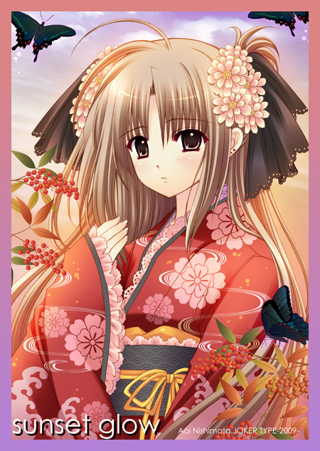 nishimata aoi, 1girl, ahoge, blush, brown eyes, brown hair, bug, butterfly, female focus, flower, hair flower, hair ornament, insect, japanese clothes, long hair, seigaiha, solo, watermark