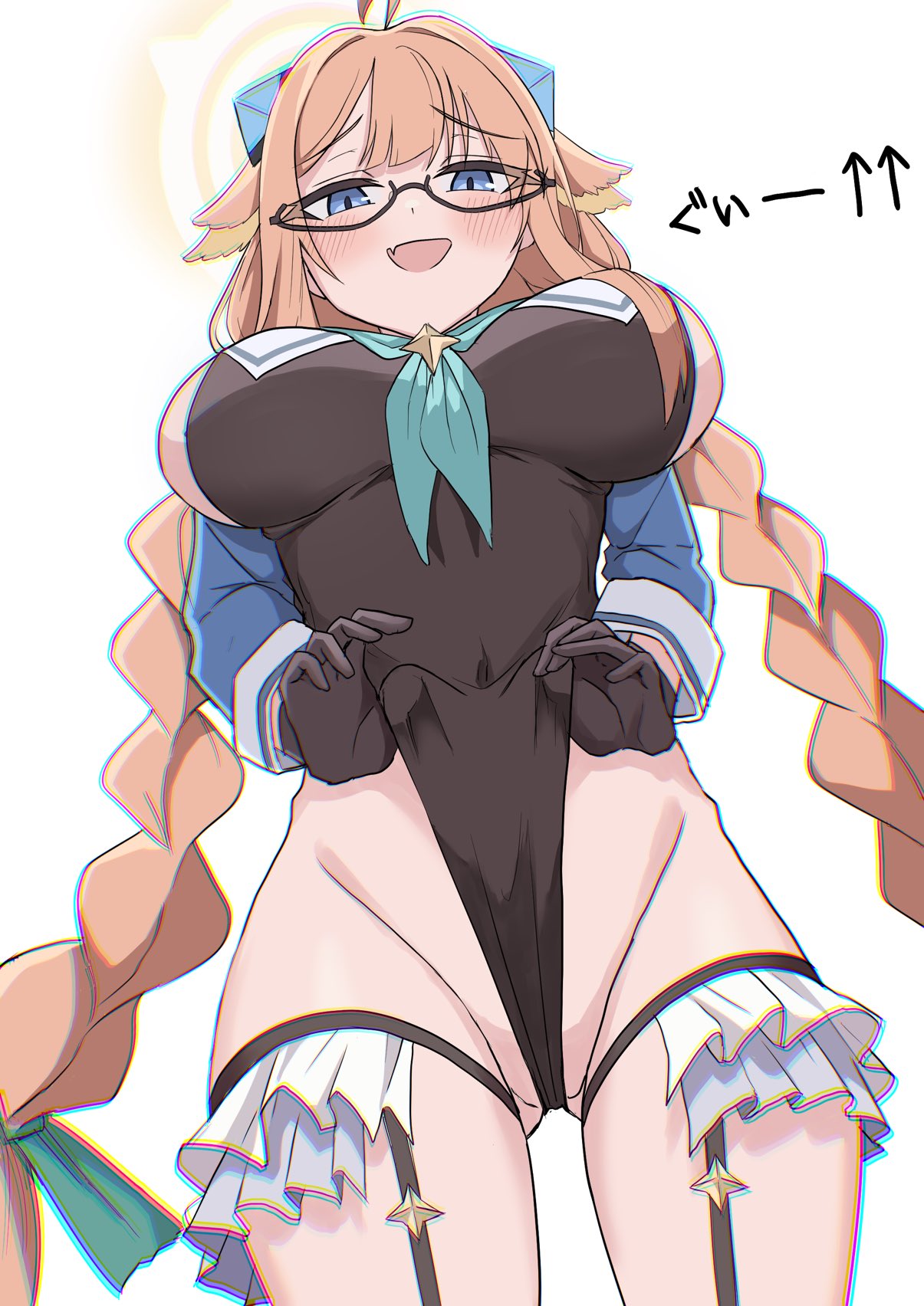 pinnyonn0375, shimiko (blue archive), shimiko (magical) (blue archive), blue archive, highres, 1girl, black-framed eyewear, blue eyes, breasts, covered navel, from below, gloves, gluteal fold, groin, halo, highleg, highleg leotard, large breasts, leotard, leotard pull, official alternate costume, orange hair, partially visible vulva, simple background, solo, thighs, white background, yellow halo