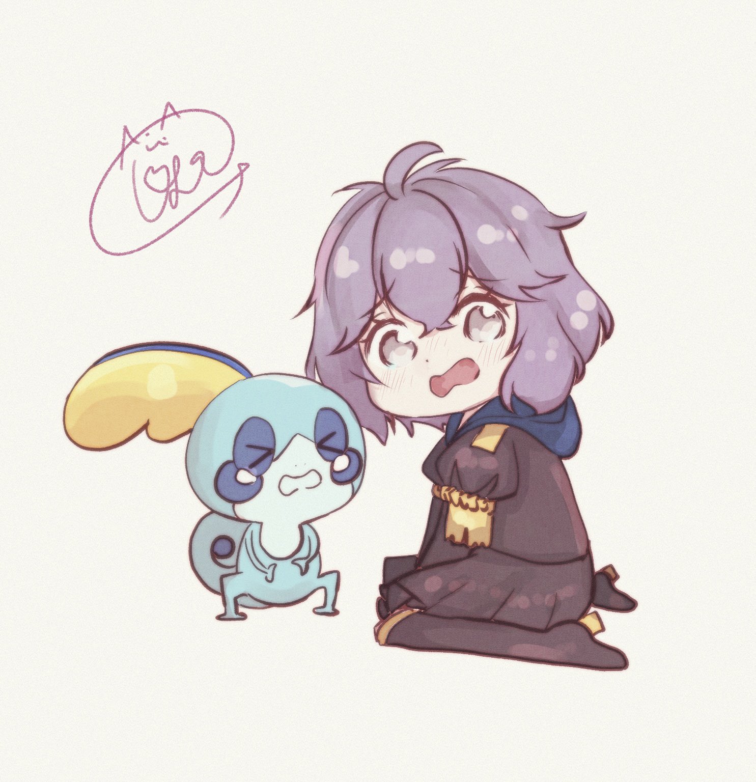 johndog 111d2, bernadetta von varley, sobble, fire emblem, fire emblem: three houses, nintendo, pokemon, commentary request, highres, 1girl, black boots, black skirt, blush, boots, crossover, epaulettes, garreg mach monastery uniform, gen 8 pokemon, grey eyes, high heel boots, high heels, hood, hood down, knee boots, long hair, looking at viewer, open mouth, pokemon (creature), purple hair, short hair, signature, simple background, skirt, white background