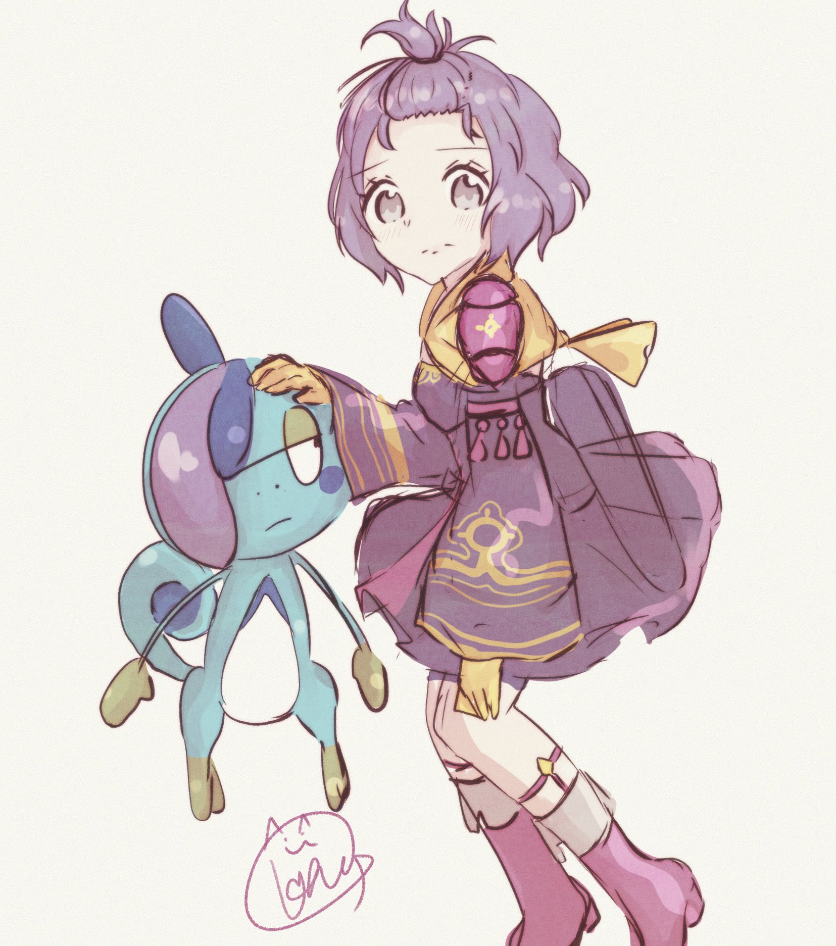 johndog 111d2, bernadetta von varley, drizzile, fire emblem, fire emblem: three houses, fire emblem warriors: three hopes, nintendo, pokemon, commentary request, highres, 1girl, blush, boots, crossover, dress, gen 8 pokemon, gloves, grey eyes, headpat, looking at viewer, official alternate costume, official alternate hairstyle, pokemon (creature), purple boots, purple dress, purple hair, short hair, signature, simple background, topknot, white background, yellow gloves