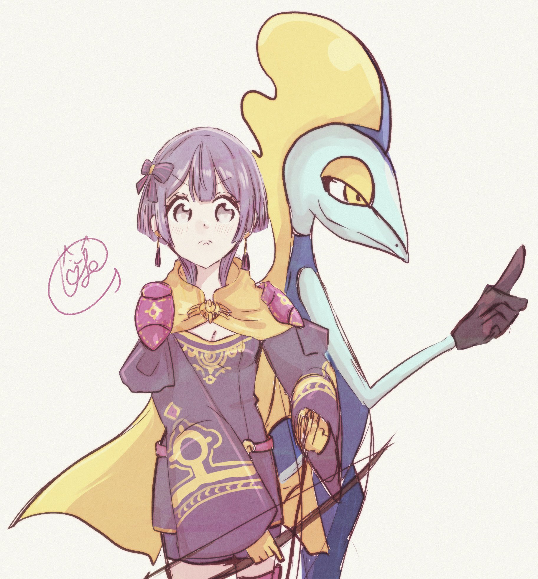 johndog 111d2, bernadetta von varley, bernadetta von varley (timeskip), inteleon, fire emblem, fire emblem: three houses, nintendo, pokemon, commentary request, highres, 1girl, armor, arrow (projectile), blush, bow, bow (weapon), breasts, cleavage, crossover, dress, earrings, gen 8 pokemon, gloves, grey eyes, hair between eyes, hair bow, hair ornament, holding, holding arrow, holding bow (weapon), holding weapon, jewelry, long sleeves, looking at viewer, pauldrons, pokemon (creature), purple bow, purple dress, purple hair, short hair, shoulder armor, signature, simple background, small breasts, weapon, white background, yellow gloves